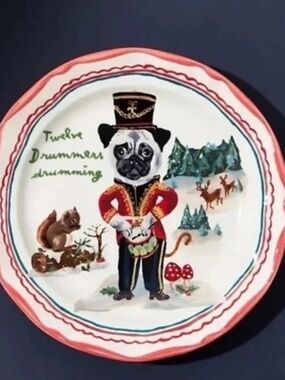 NWT Anthropologie Nathalie Lete 12 Days  Christmas Drummers  Dessert Plate Pug